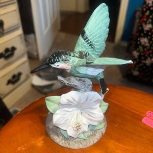 Hand-Painted Mint Green Hummingbird Floral Sculpture - Home Accent